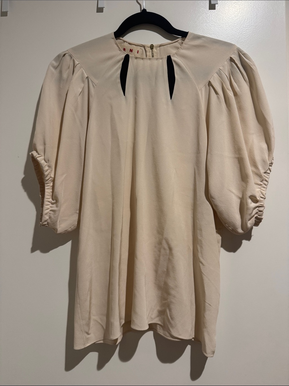Marni Cream Puff-Sleeve Keyhole Silk Blouse
